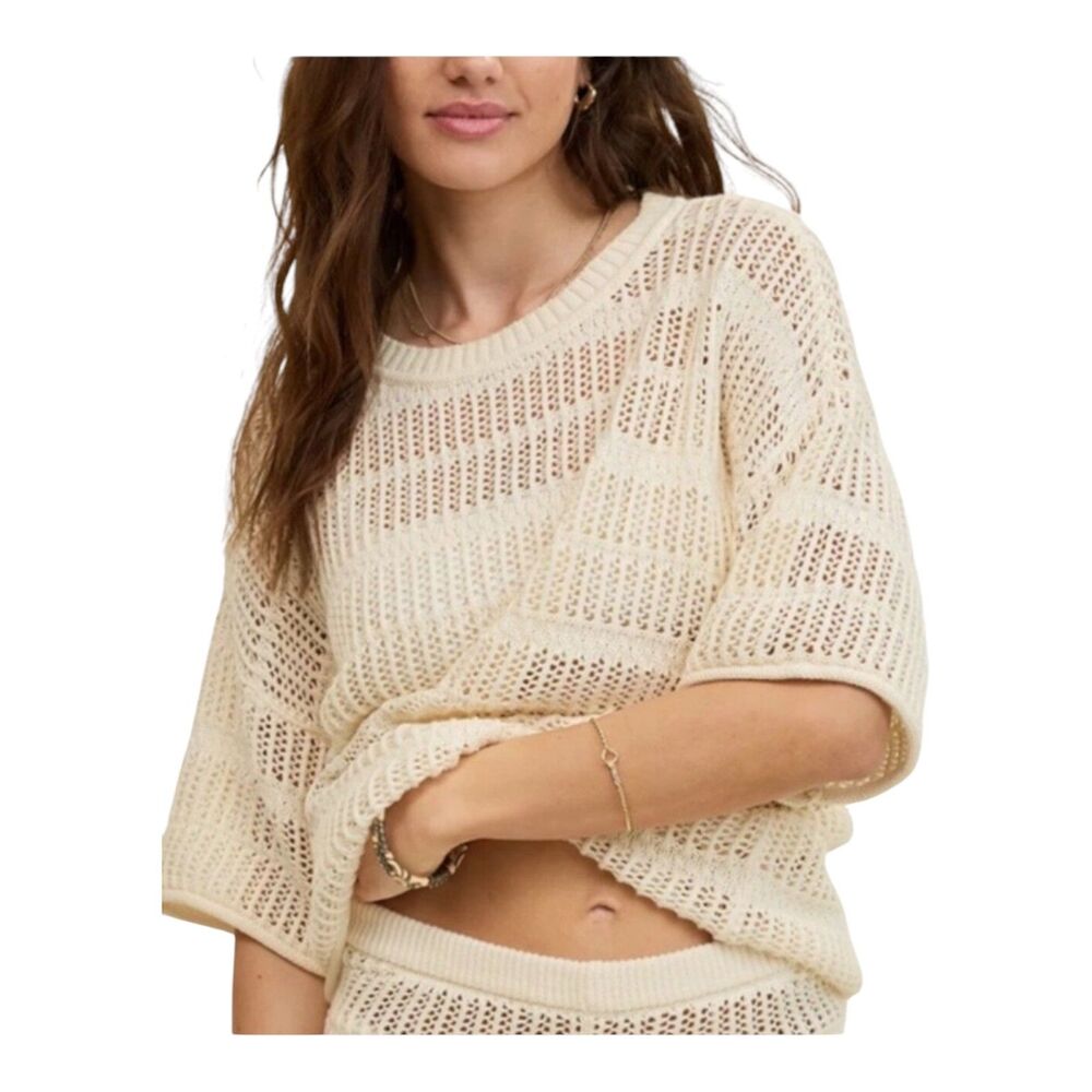 Aerie Women's NWOT Ivory Open Knit Boho Oversized Short Sleeve Sweater Size L
